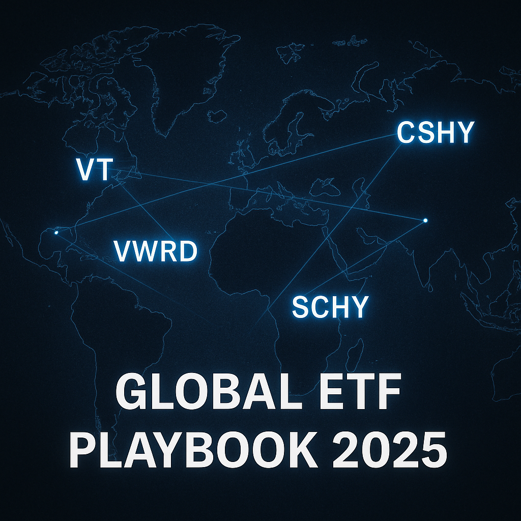 Dark world map with glowing ticker symbols VT, VWRD, CSPX, SCHY linked by lines; title “Global ETF Playbook 2025”.