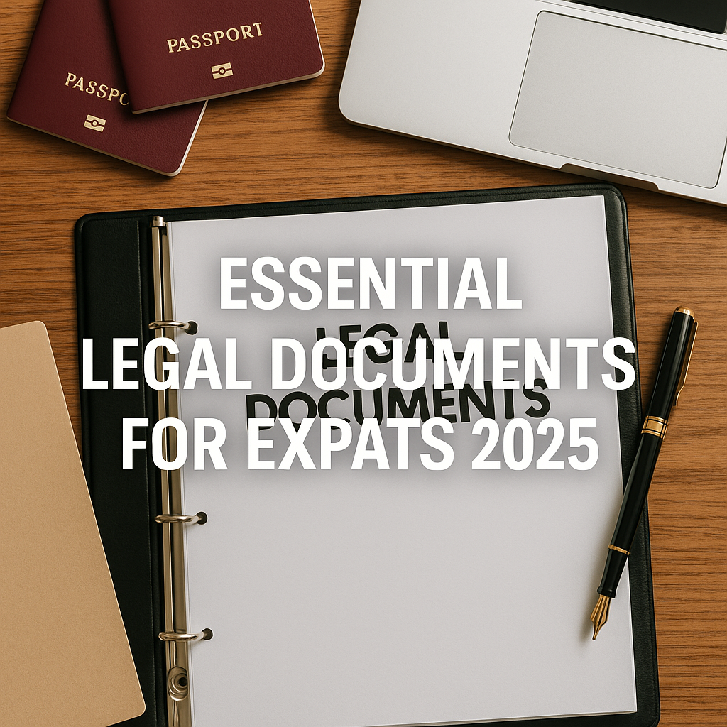 Passports, legal-document binder, fountain pen and laptop arranged on wooden desk; overlaid title “Essential Legal Documents for Expats 2025”.
