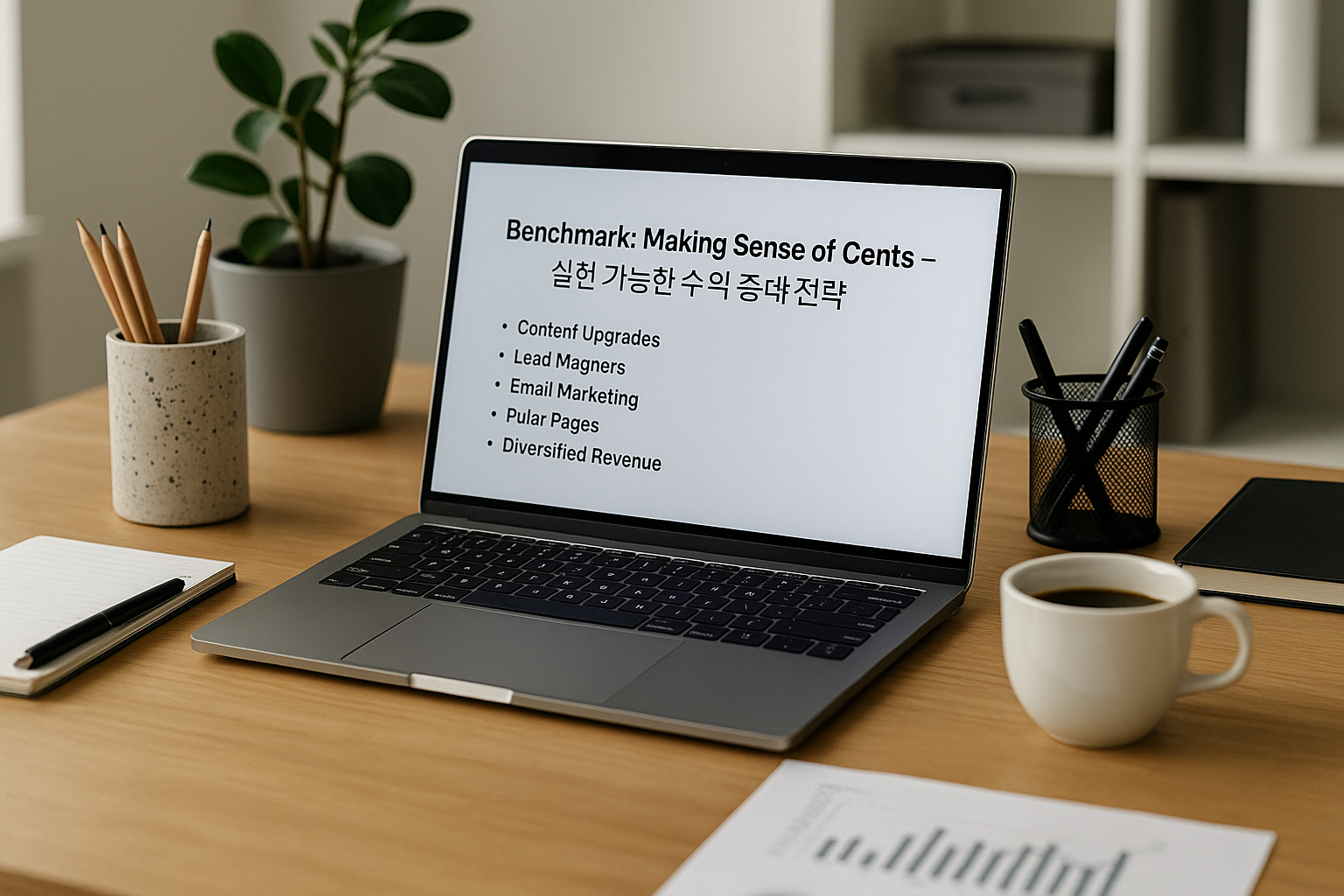 A modern MacBook Pro on a light wood desk displaying the title “Benchmark: Making Sense of Cents – Practical Revenue Growth Strategies” overlayed, with a pen holder, potted plant, and coffee mug nearby.
