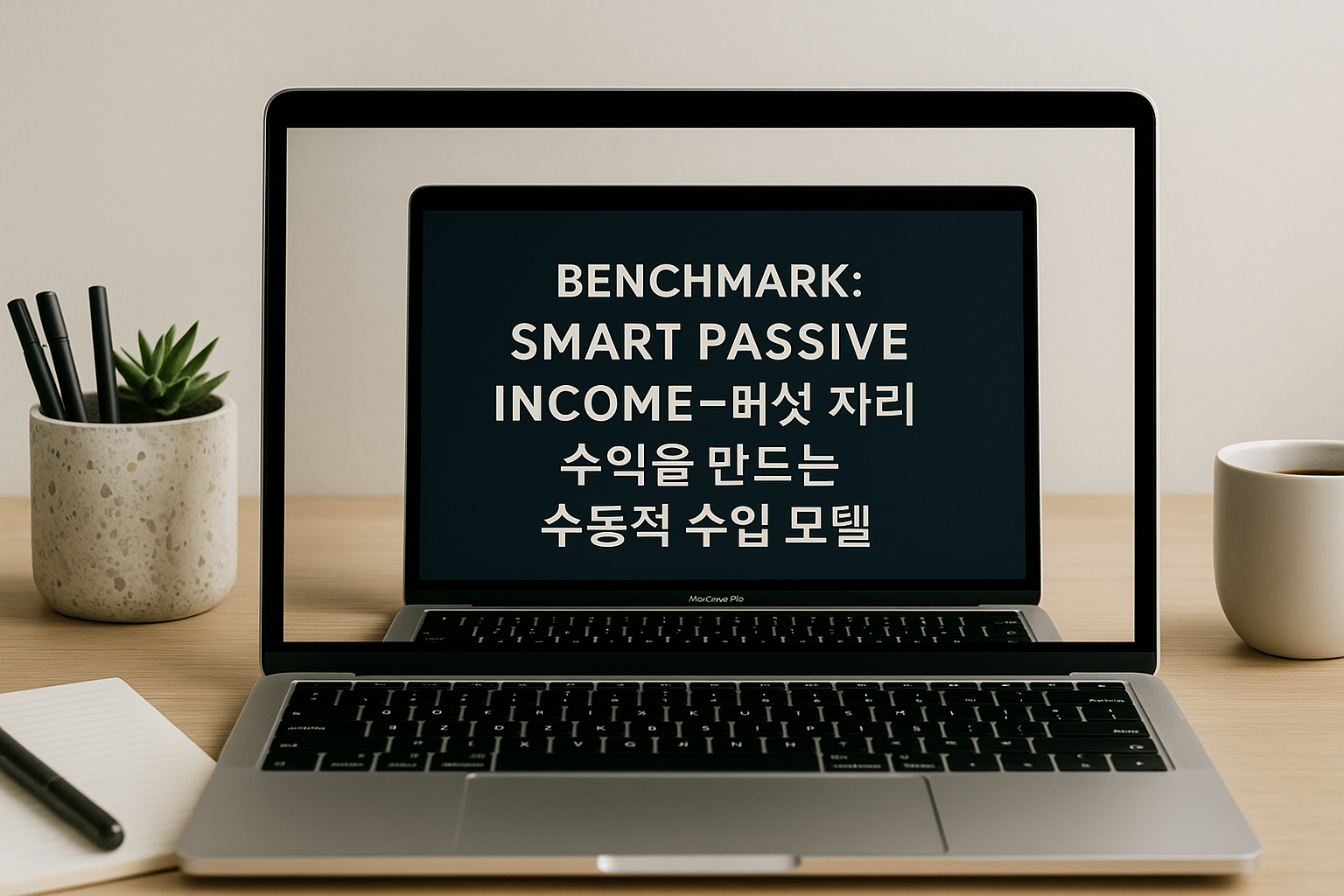 A modern desk setup with a MacBook Pro displaying “Benchmark: Smart Passive Income – Building a Six-Figure Passive Income Model” overlayed, with minimalist accessories and natural lighting.