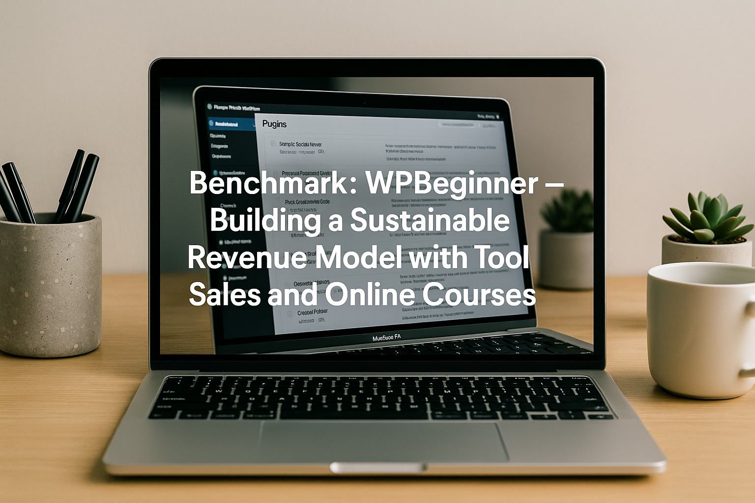 A clean workspace featuring a MacBook Pro on a wooden desk displaying a plugin dashboard screen overlayed with the title “Benchmark: WPBeginner – Building a Sustainable Revenue Model with Tool Sales and Online Courses,” surrounded by a pen holder, succulent, and coffee mug.