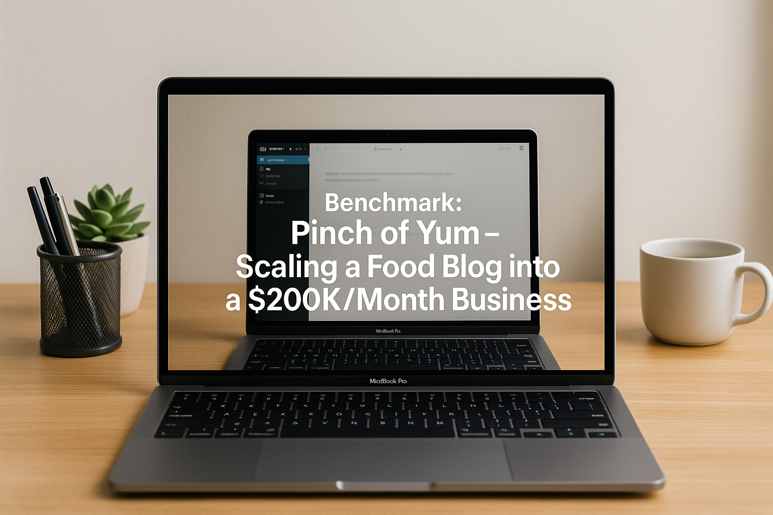 A MacBook Pro on a light wood desk displaying “Benchmark: Pinch of Yum – Scaling a Food Blog into a $200K/Month Business” overlayed on a WordPress editor interface, with a pen holder, succulent plant, and coffee mug arranged neatly under soft natural light.