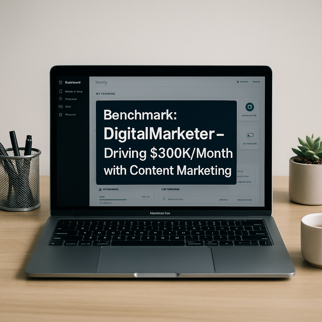 A MacBook Pro on a minimalist wooden desk displaying “Benchmark: DigitalMarketer – Driving $300K/Month with Content Marketing” overlayed on a training software dashboard, with a pen holder and coffee mug in soft lighting.