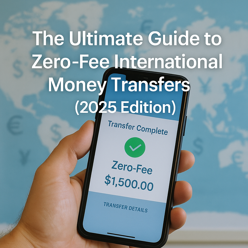 A realistic photograph of a smartphone displaying a “Transfer Complete – Zero Fee” screen with global currency symbols floating around.