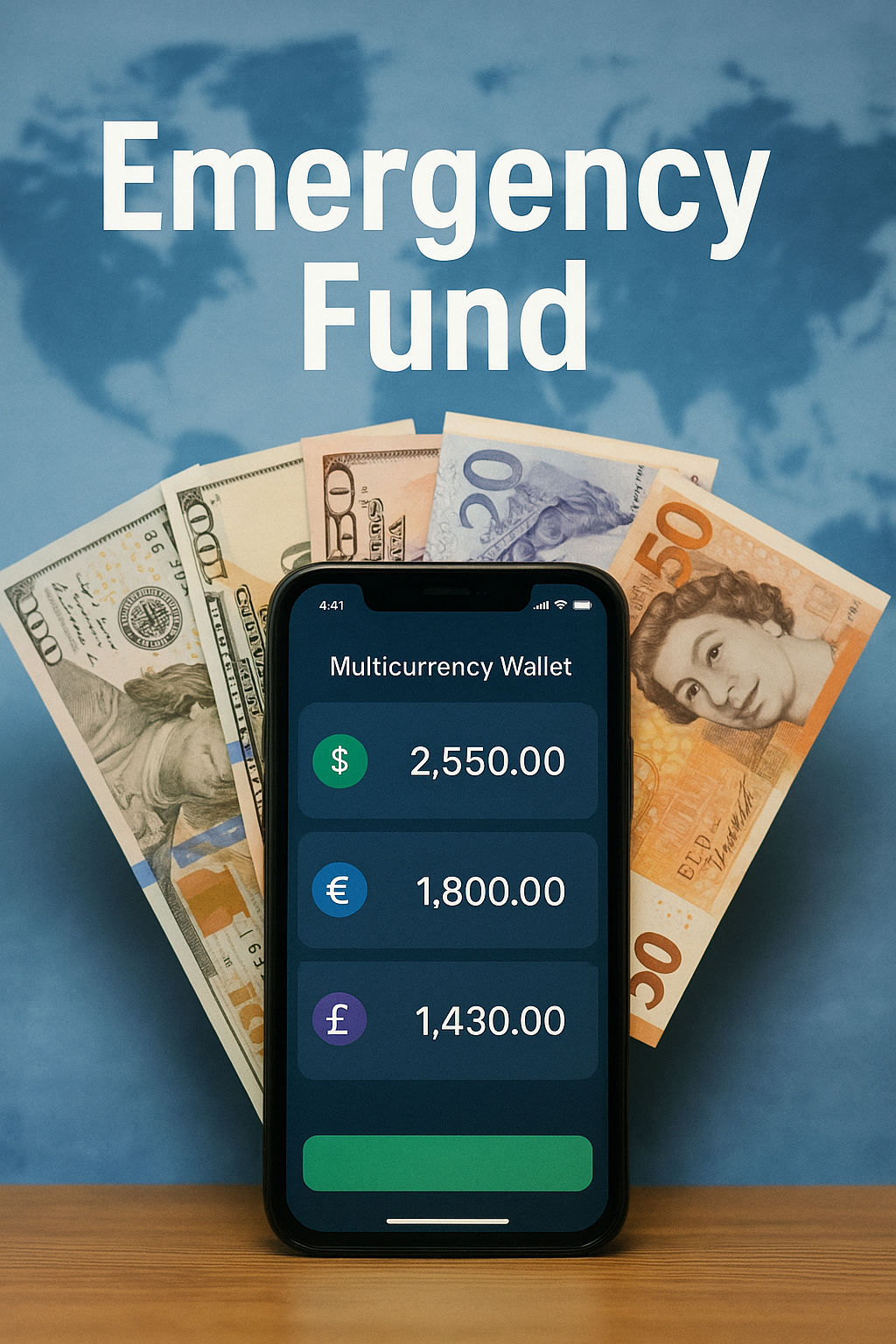 A realistic photograph of a smartphone displaying a multicurrency wallet app screen with USD, EUR, and GBP balances; behind the phone, various global currency notes are fanned out; overlay text “Emergency Fund” appears at the top, and a softly blurred world map is visible in the background.
