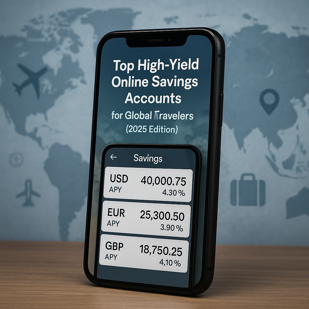 A realistic photograph of a smartphone displaying a savings app interface with USD, EUR, and GBP balances alongside their respective APY percentages; “Top High-Yield Online Savings Accounts for Global Travelers (2025 Edition)” text overlaid at the top; a softly blurred world map and subtle travel icons in the background.