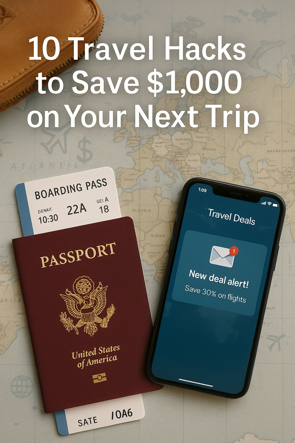 A flat lay of travel essentials (passport, boarding pass, smartphone showing a “New deal alert! Save 30% on flights” screen) on a world map background, with “10 Travel Hacks to Save $1,000 on Your Next Trip” overlaid at the top.