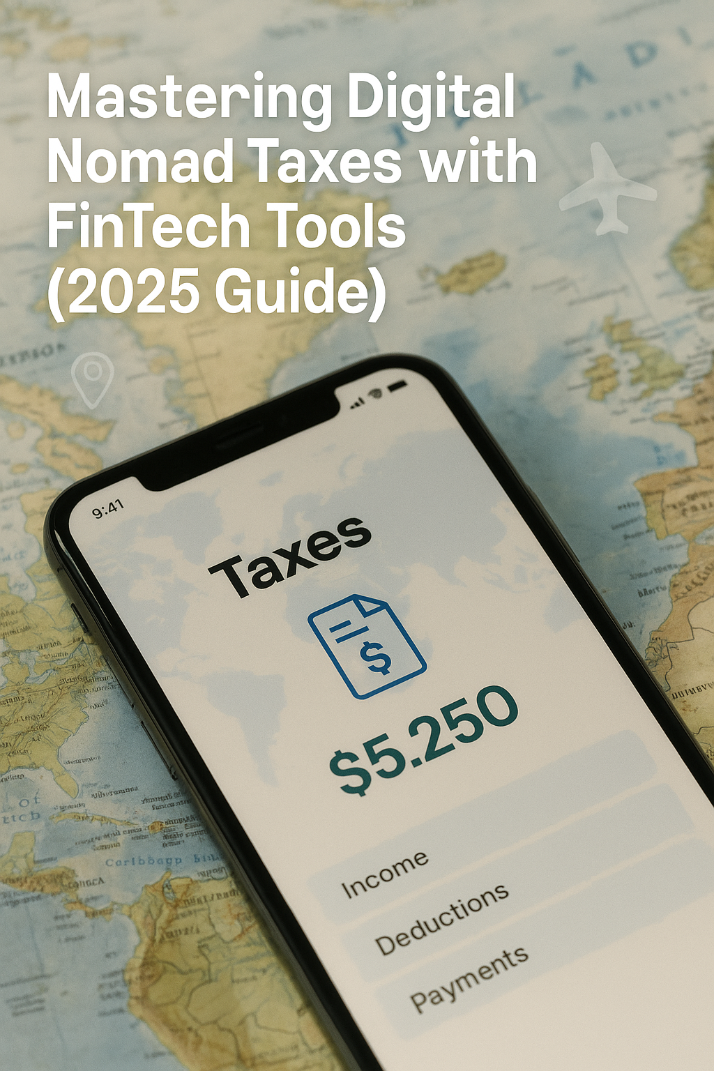 A realistic photograph of a smartphone resting on a world map, displaying a tax app screen with a refund amount of $5,250, overlaid with the title “Mastering Digital Nomad Taxes with FinTech Tools (2025 Guide)”; background shows a blurred map and travel icons.