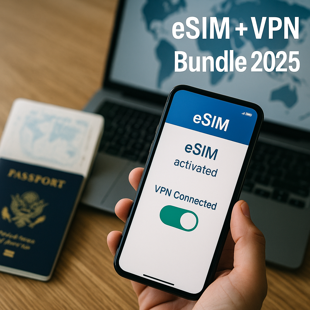 Smartphone displaying “eSIM activated – VPN connected” next to an open passport, with a world-map laptop in the background.