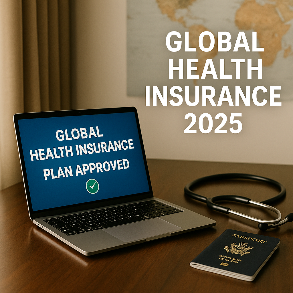 Laptop displaying “Global Health Insurance Plan Approved” next to a U.S. passport and stethoscope on a hotel-desk.