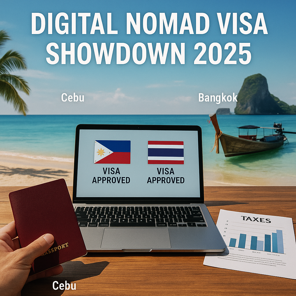 Laptop on a beach desk showing Philippine and Thai visa approvals, with Cebu sea and Bangkok long-tail boat split backdrop.