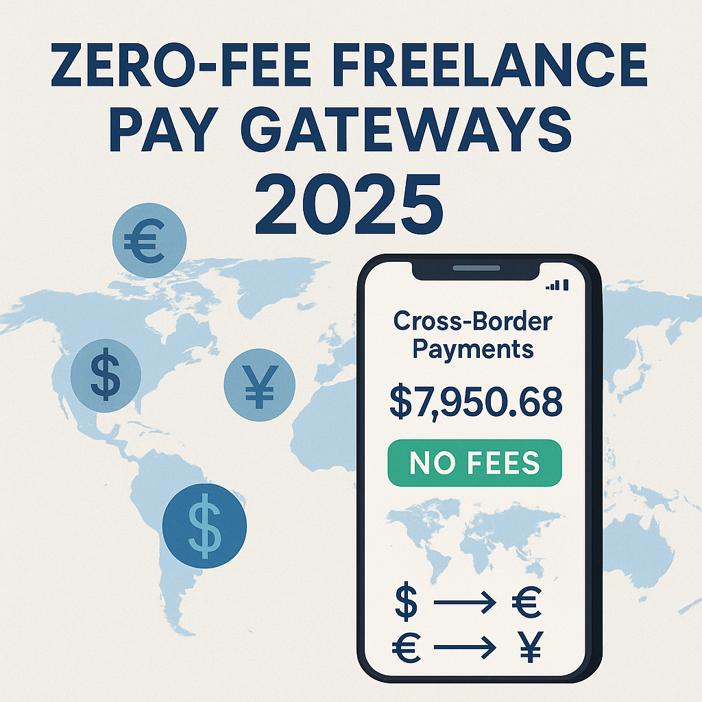 Smartphone showing “NO FEES” balance screen over a faded world map with USD, EUR, JPY icons indicating cross-border payments.