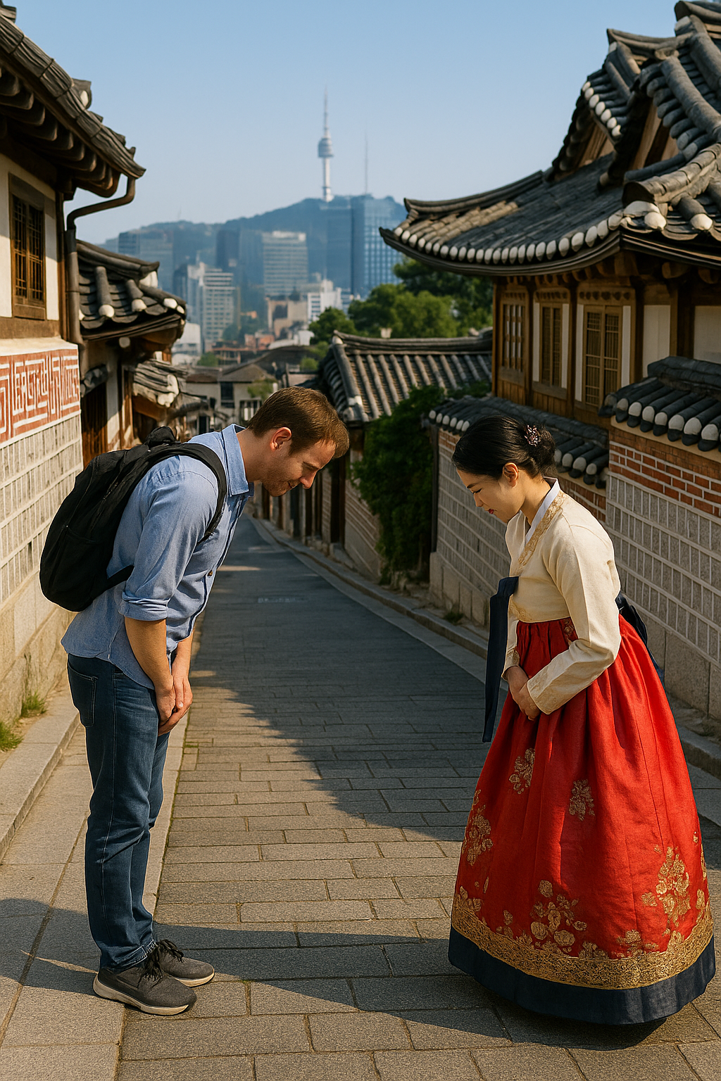 A foreign traveler bowing politely in front of a traditional hanok, learning Korean cultural etiquette