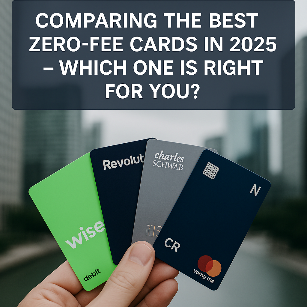 A hand holding four distinct payment cards including Wise, Revolut, Charles Schwab, and Capital One, with a blurred modern city background
