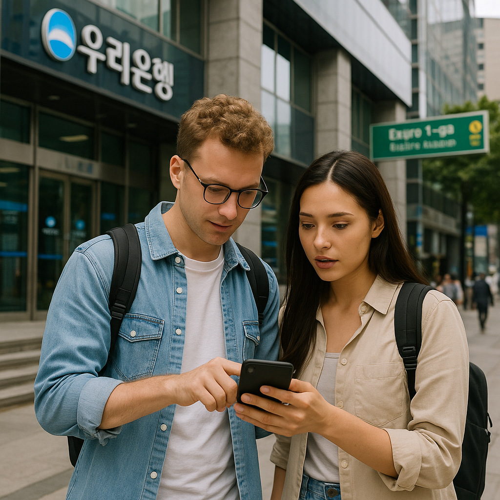 Foreigners navigating Seoul streets using a smartphone in front of a bank
