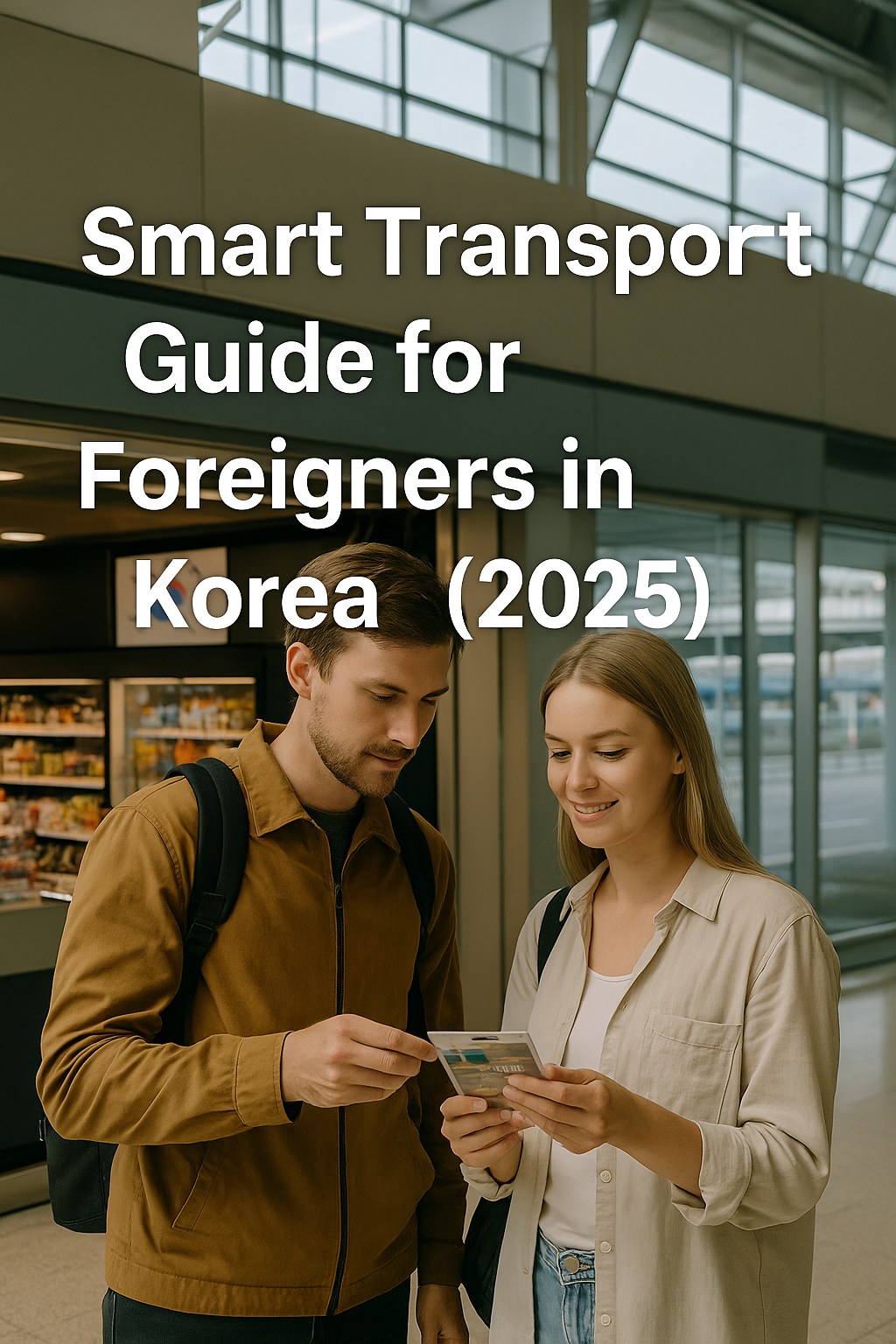 Foreign travelers at a Korean airport looking at a smartphone, with the title 'Smart Transport Guide for Foreigners in Korea (2025)' overlaid on the image