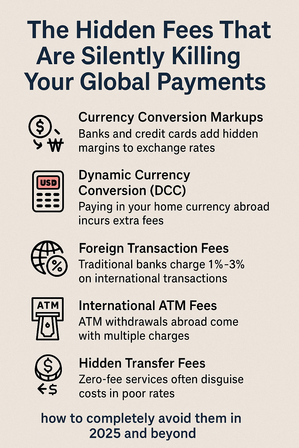 Infographic showing five hidden international payment fees with icons and solutions