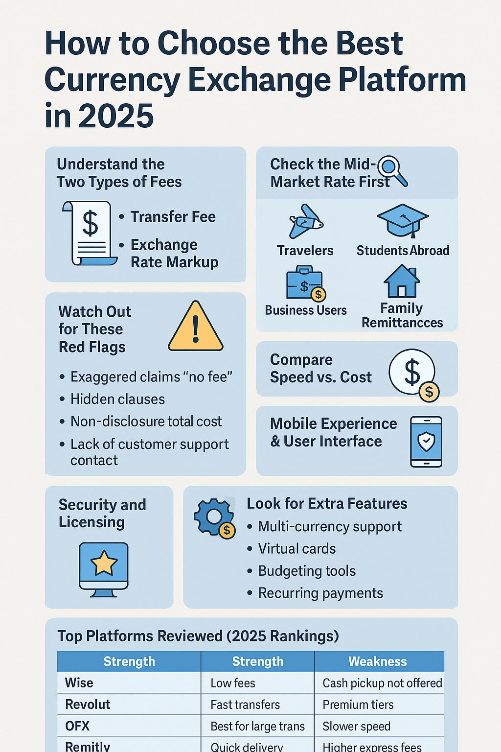 Infographic showing nine key steps for selecting the best currency exchange platform in 2025, including fee types, platform comparisons, and user tips