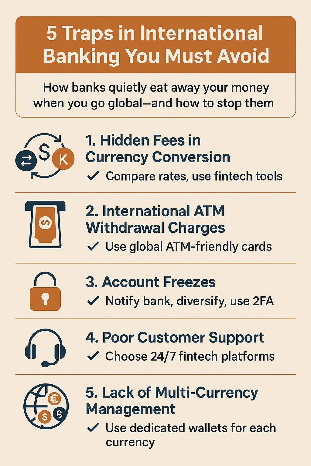 Infographic outlining five common traps in international banking with corresponding icons and concise prevention tips