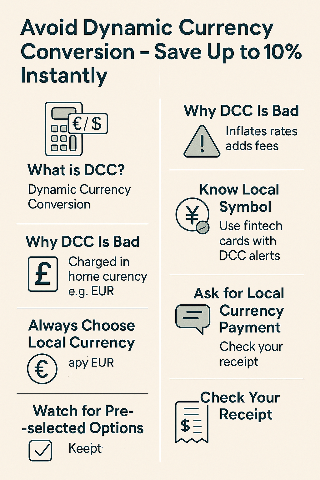 Infographic titled "Avoid Dynamic Currency Conversion – Save Up to 10% Instantly," featuring icons and concise steps to recognize and prevent DCC charges