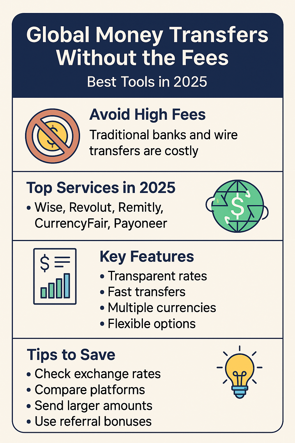 Infographic comparing five global money transfer tools in 2025, showing features like speed, cost, and best use cases