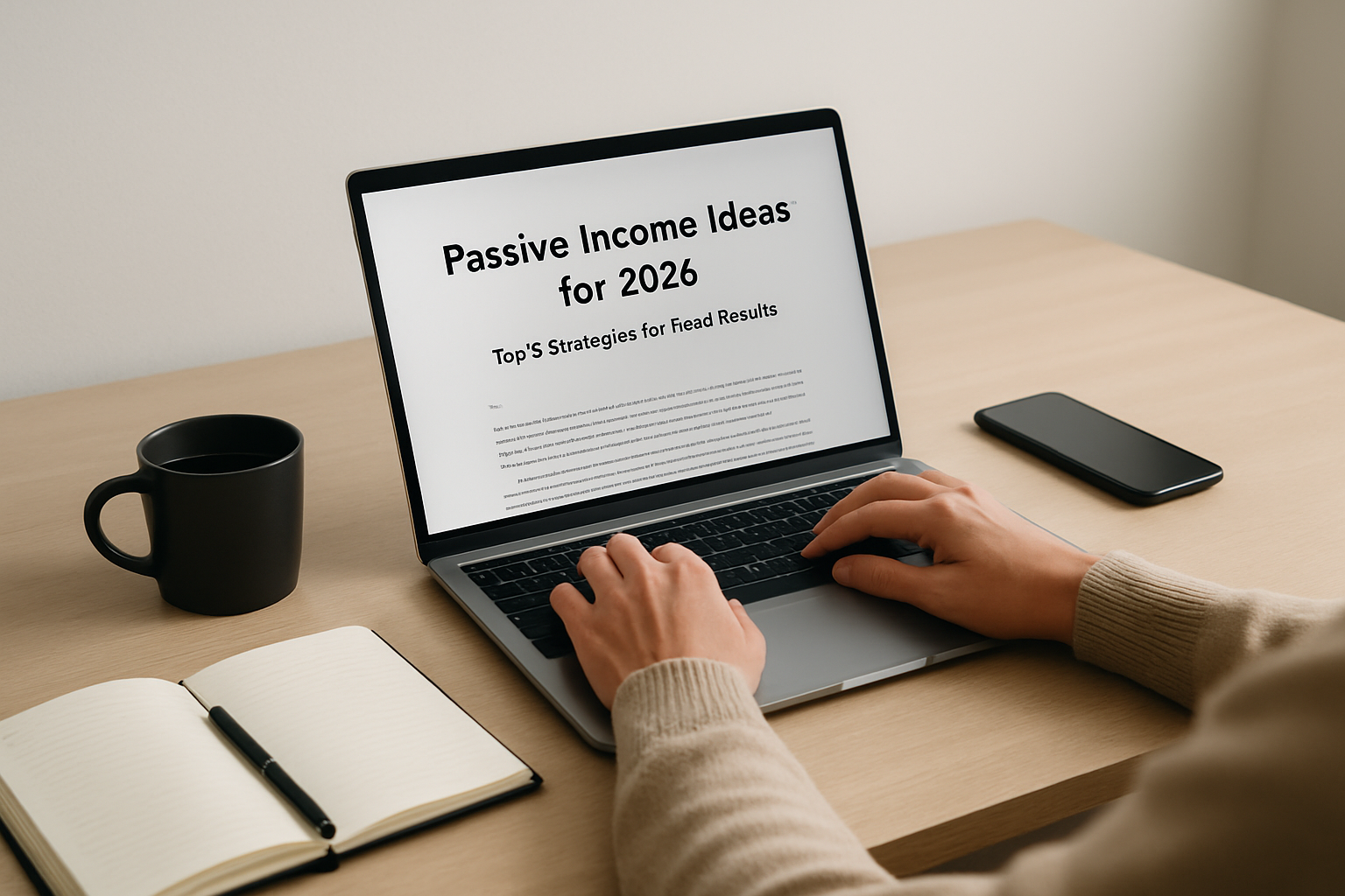 A person working remotely with a laptop, notebook, and coffee on a minimalist desk, symbolizing passive income in 2025.