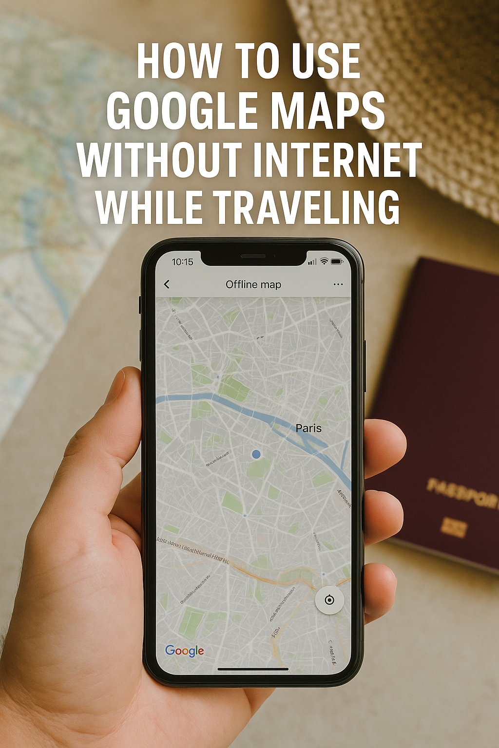 A realistic photo of a hand holding an iPhone showing an offline Google Map of Paris, with a paper map and a passport nearby, symbolizing travel without internet.