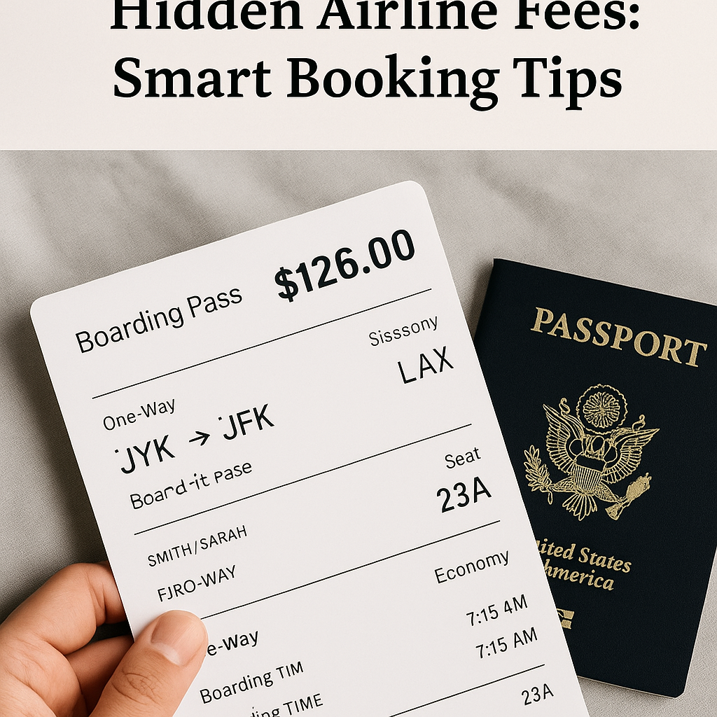 A photograph features a printed airline boarding pass with a $126.00 price tag, placed next to a United States passport on a soft gray fabric surface.