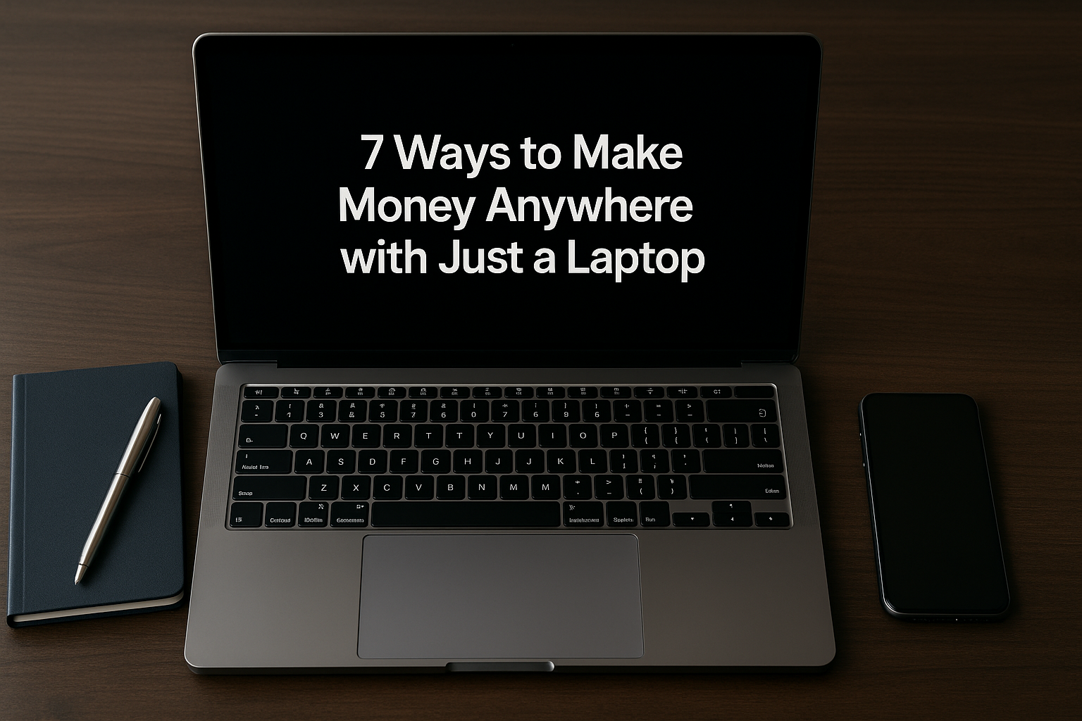 A modern dark gray laptop displaying the blog title on screen, with a navy notebook, silver pen, and smartphone on a wooden desk, symbolizing digital nomad income tools.