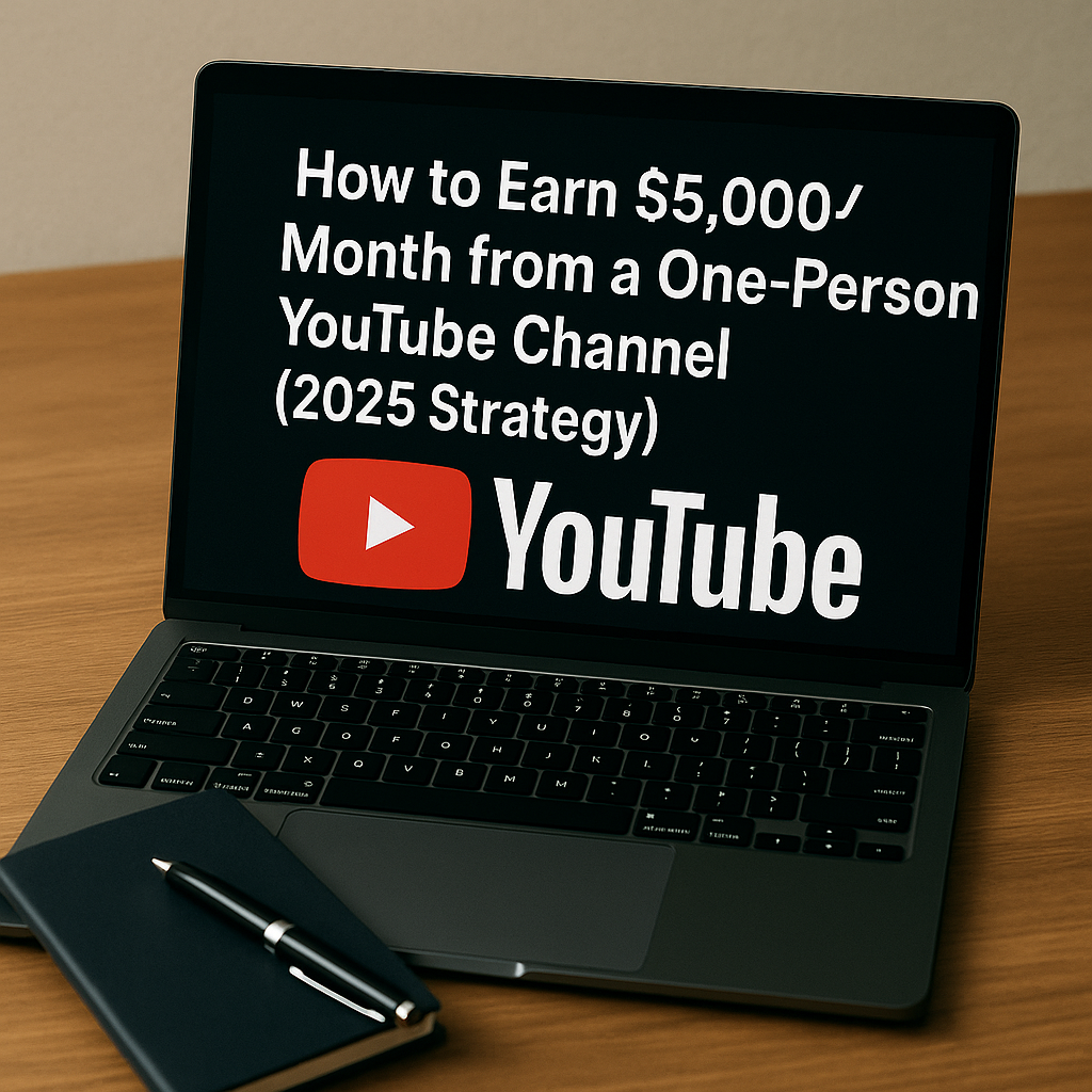 A minimalist workspace with a laptop screen showing the title “How to Earn $5,000/Month from a One-Person YouTube Channel,” accompanied by a microphone, notepad, and headphones, symbolizing solo content creation.