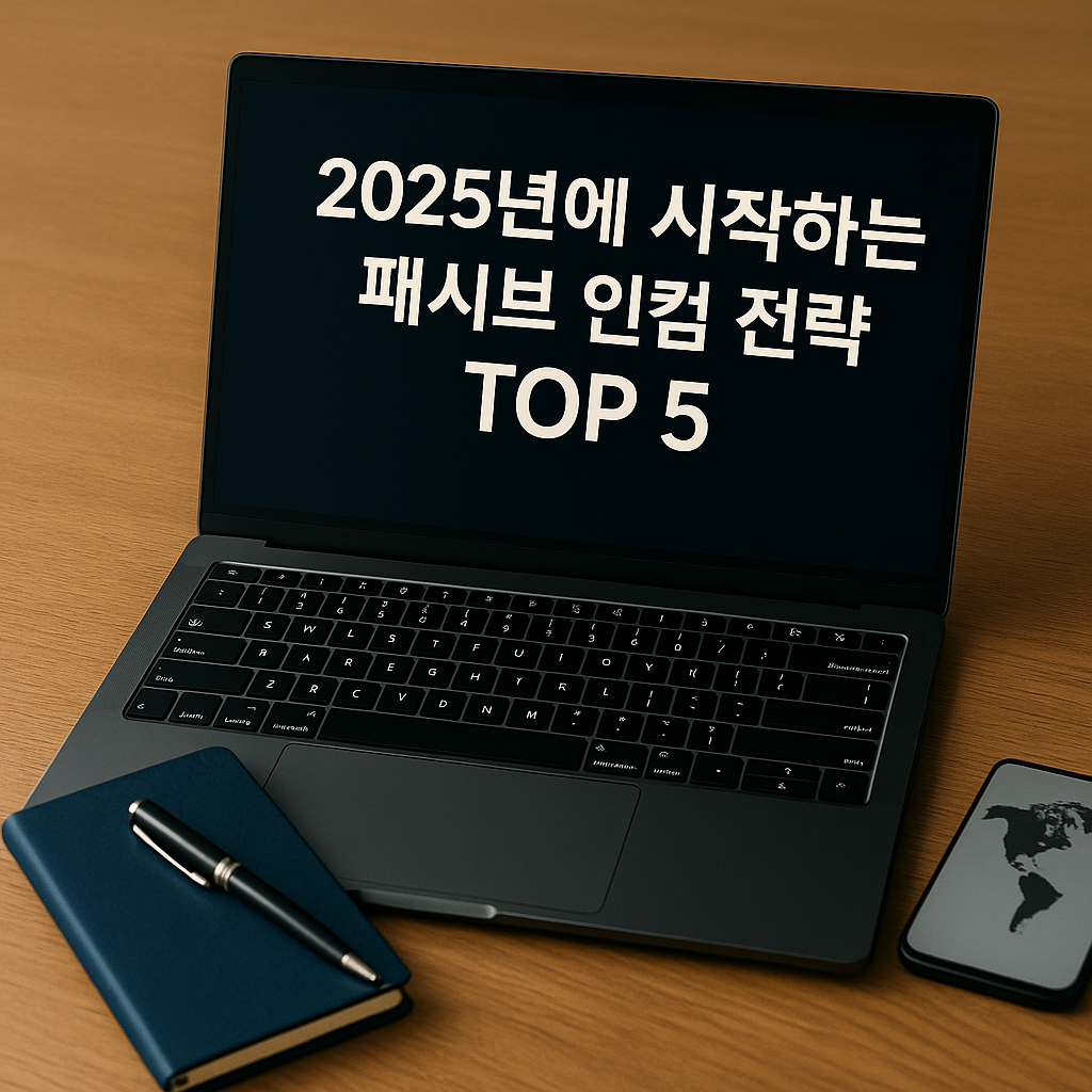 A digital photograph shows a laptop displaying the title "Top 5 Passive Income Strategies to Start in 2025," placed on a clean desk with money, a notebook, and a cup of coffee symbolizing smart financial planning.