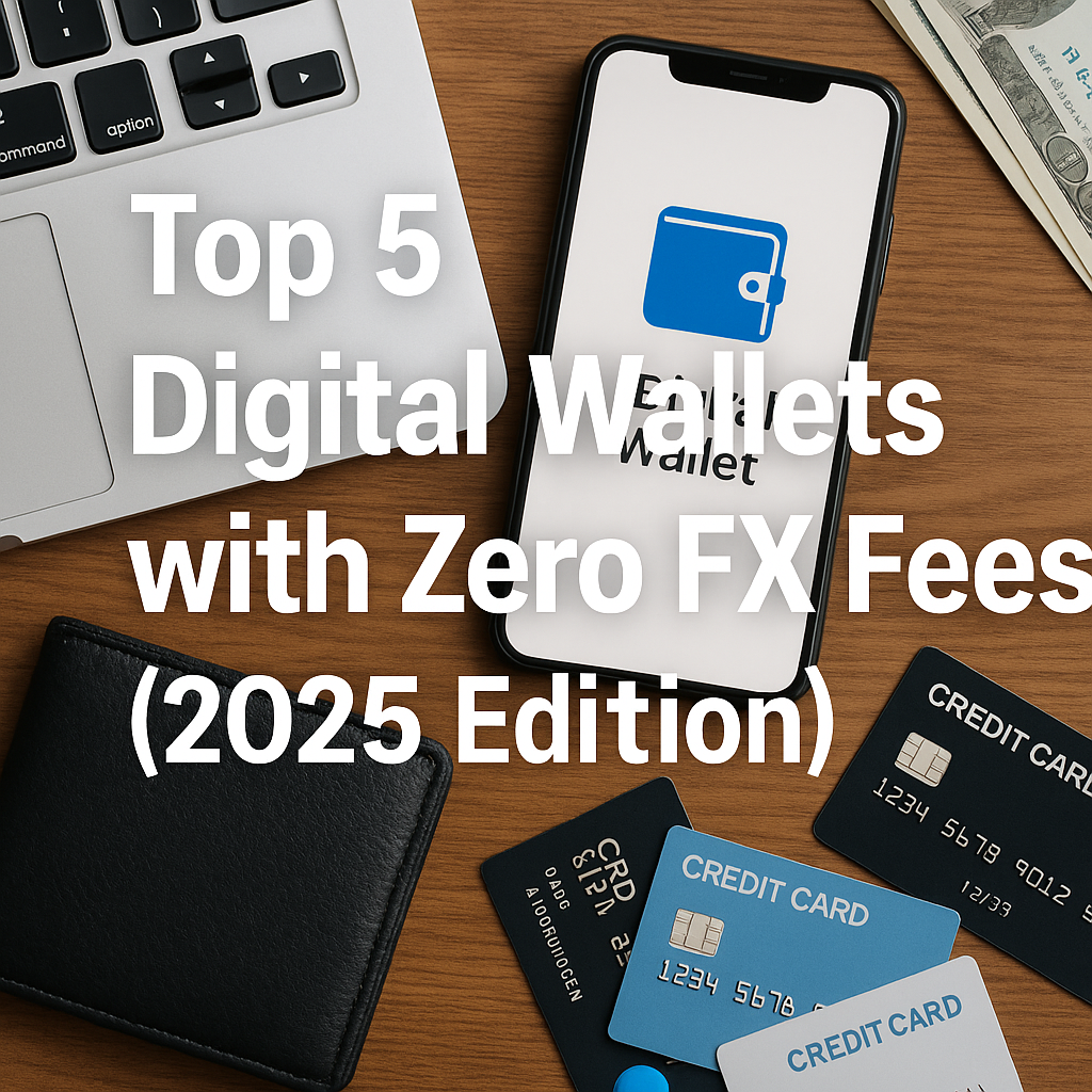 A flat lay showing a smartphone with a digital wallet icon, credit cards, a leather wallet, a laptop, and US dollar bills on a wooden desk, with bold text overlay of the blog post title.