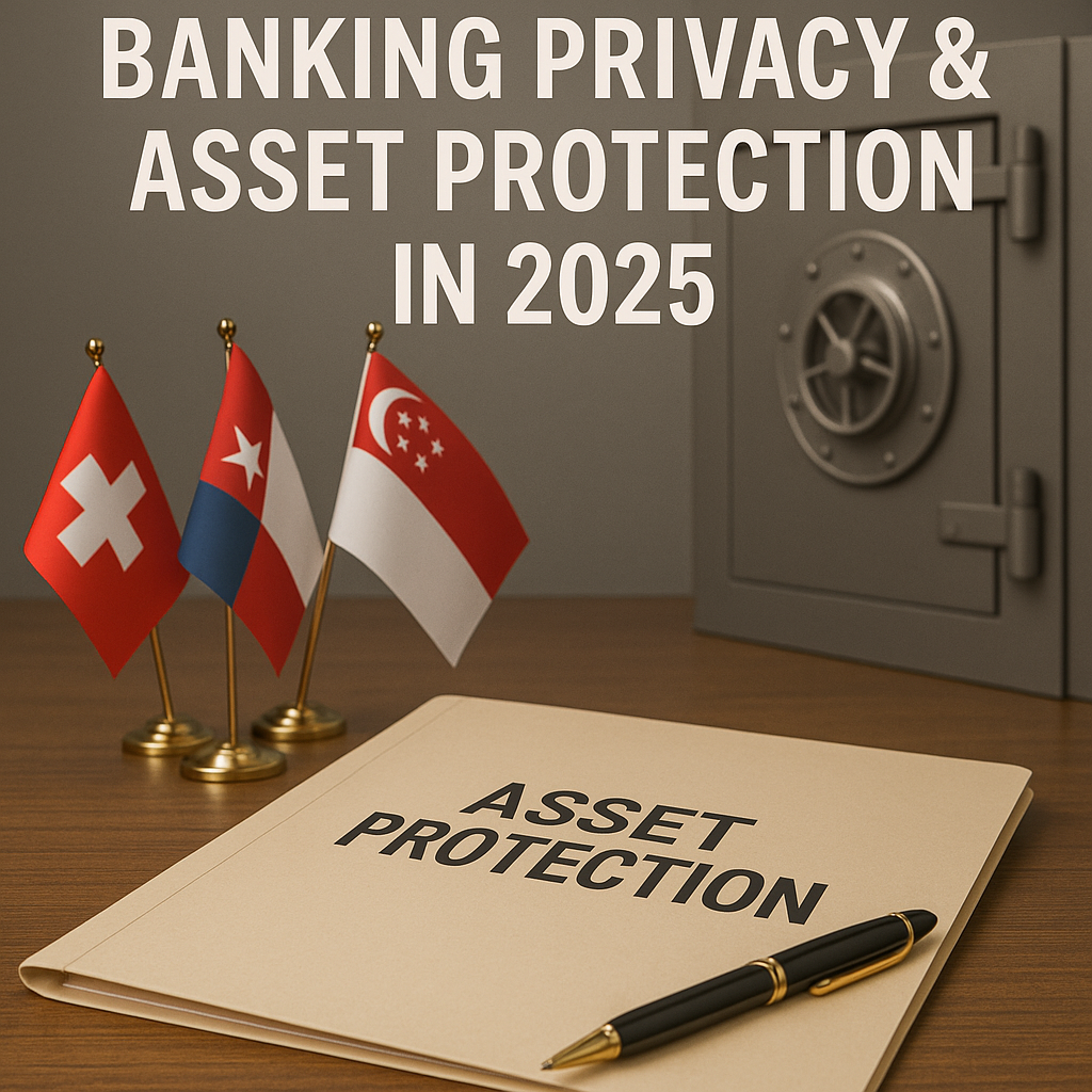 A professional photo showing documents labeled “Asset Protection,” international flags, and a secure-looking vault, symbolizing global financial security and private banking in 2025.