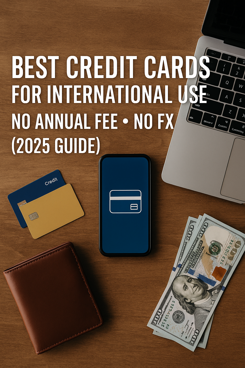 A flat lay of travel-related financial items on a wooden surface, including credit cards, a smartphone displaying a card icon, a leather wallet, dollar bills, and a laptop, with bold white text stating the blog title.