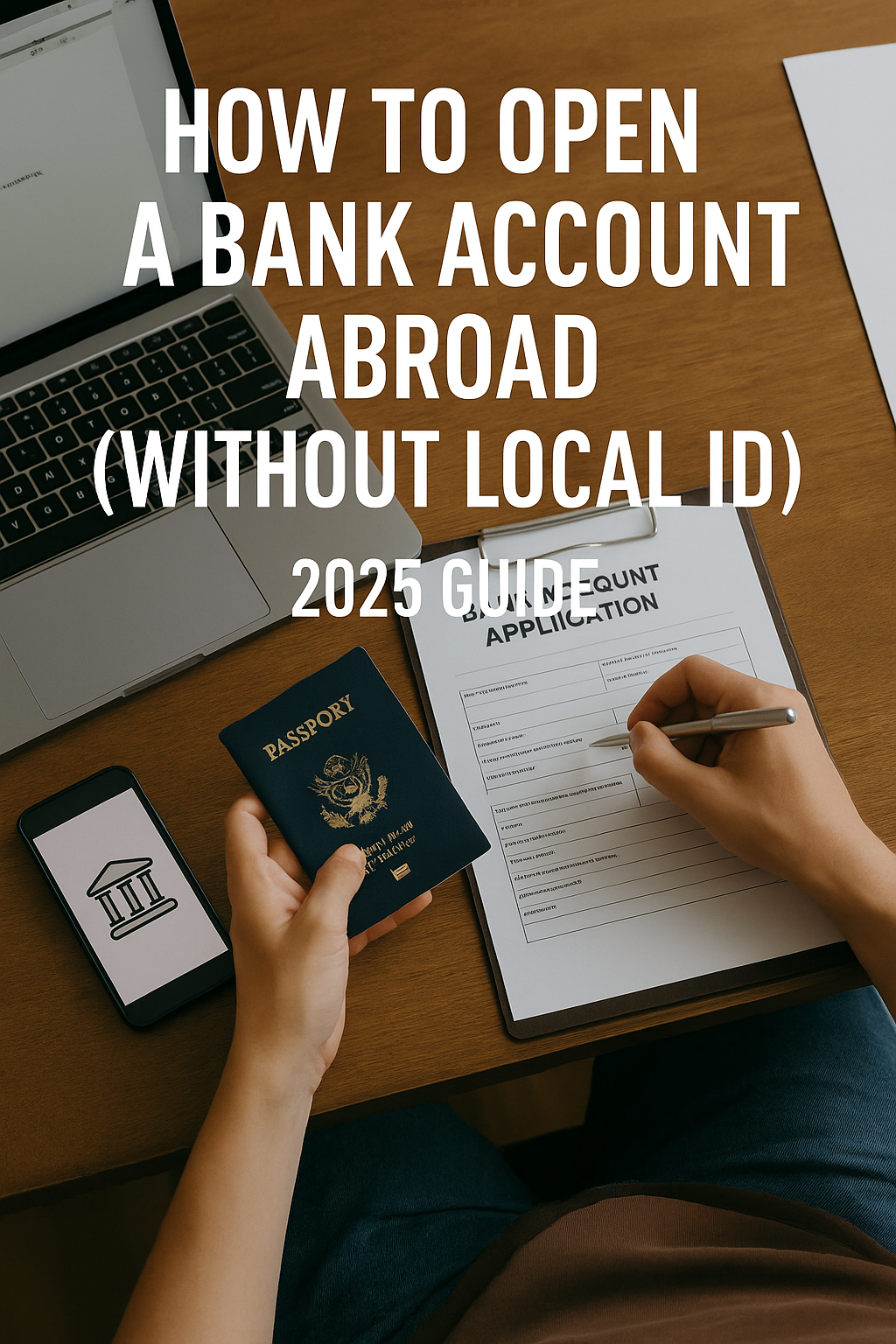A real-life image of a traveler sitting at a wooden desk with a passport, laptop, phone, and banking documents, illustrating the process of setting up a bank account abroad without local ID.