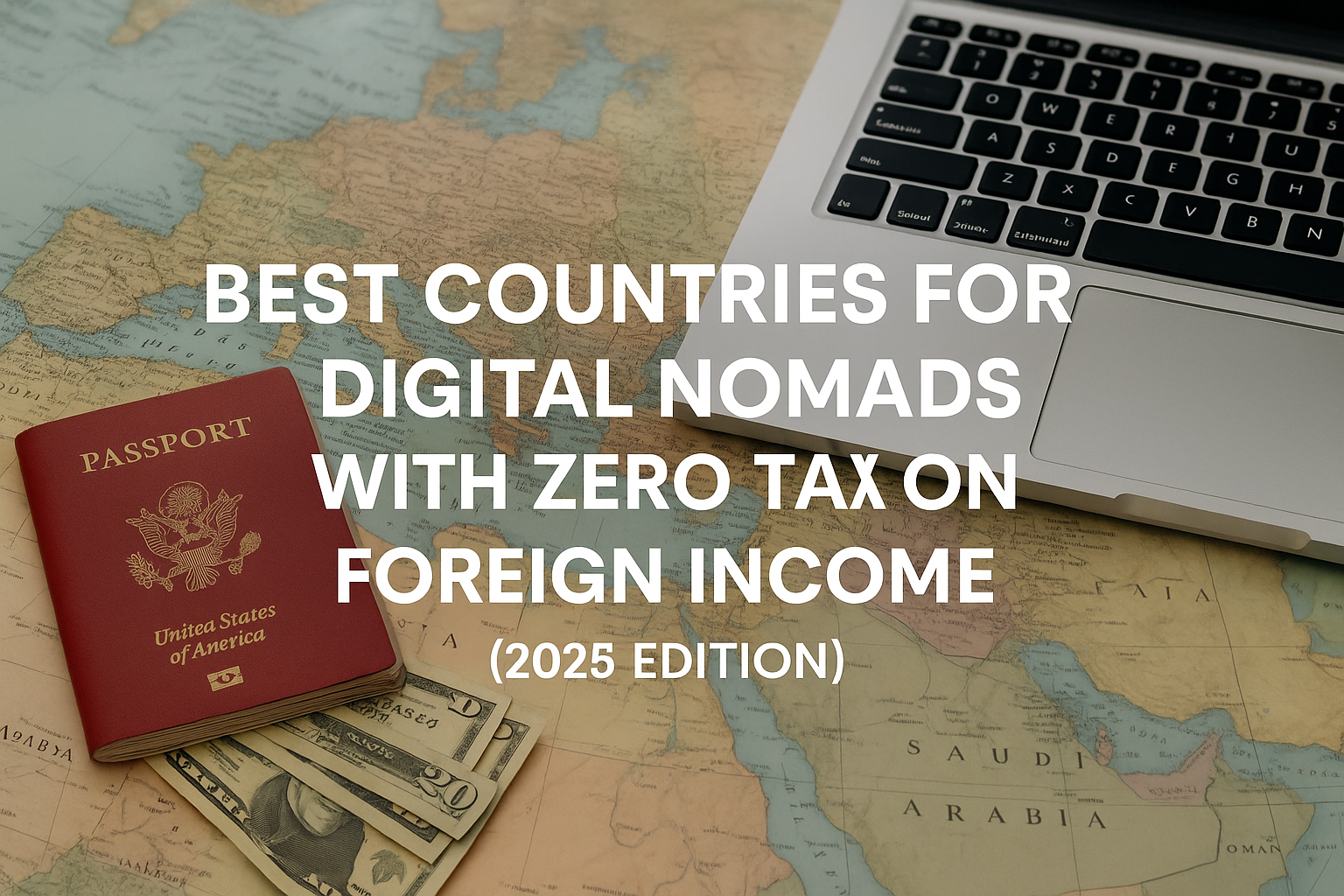 A global-themed workspace photo with a laptop, passport, and a digital tax document, representing a digital nomad researching countries with zero tax on foreign income.