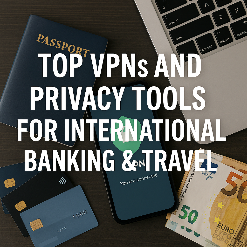 A realistic desktop photo featuring multiple VPN apps open on a laptop, a smartphone displaying a password manager, and a digital nomad passport—representing global privacy and banking security.