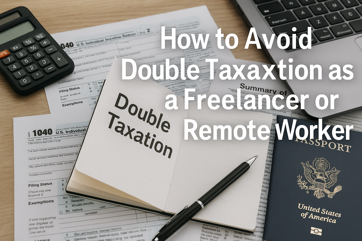 A high-quality photo of a freelancer’s workspace with a laptop, a tax form, and an international map, symbolizing global income and tax planning for remote workers.