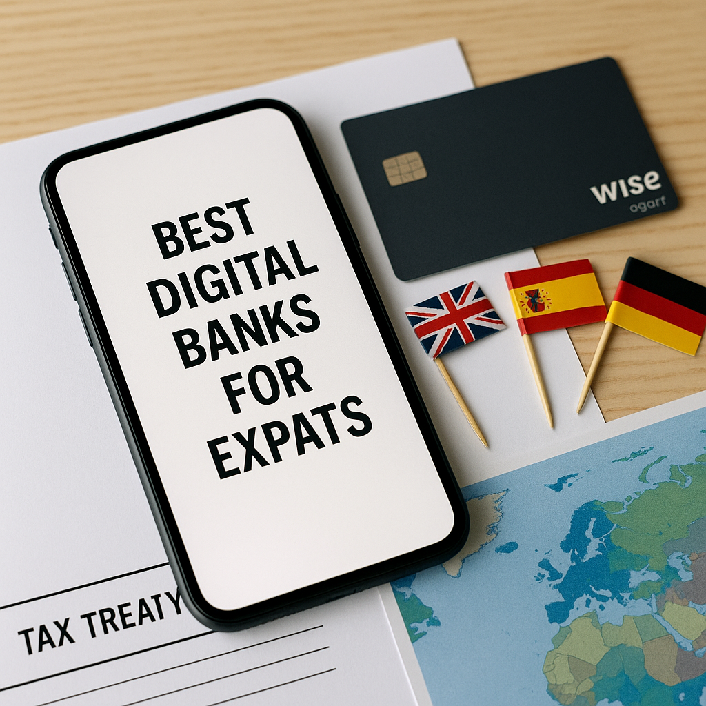 A high-resolution photo showing a smartphone with multiple digital banking apps open, resting on a passport and currency notes—representing global expat financial freedom.