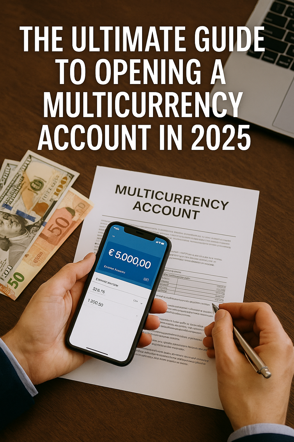 A person holding a smartphone displaying a €5,000 multicurrency balance, surrounded by global banknotes, a financial document labeled 'Multicurrency Account', and a laptop on a wooden table.