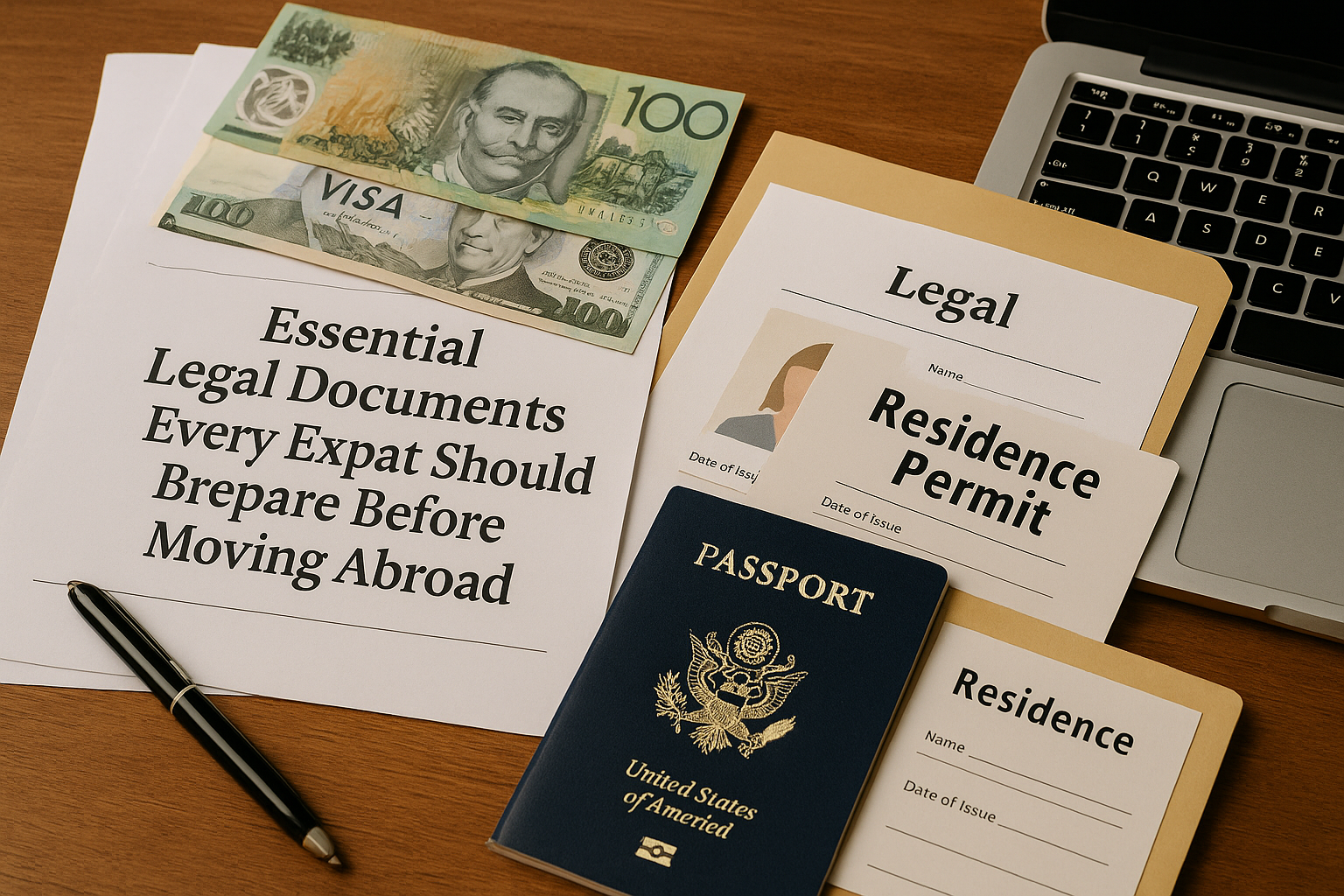 A neatly arranged layout of critical legal documents for expats, including a U.S. passport, residence permit, immigration forms, foreign currency, and a printed checklist titled “Essential Legal Documents Every Expat Should Prepare Before Moving Abroad.”