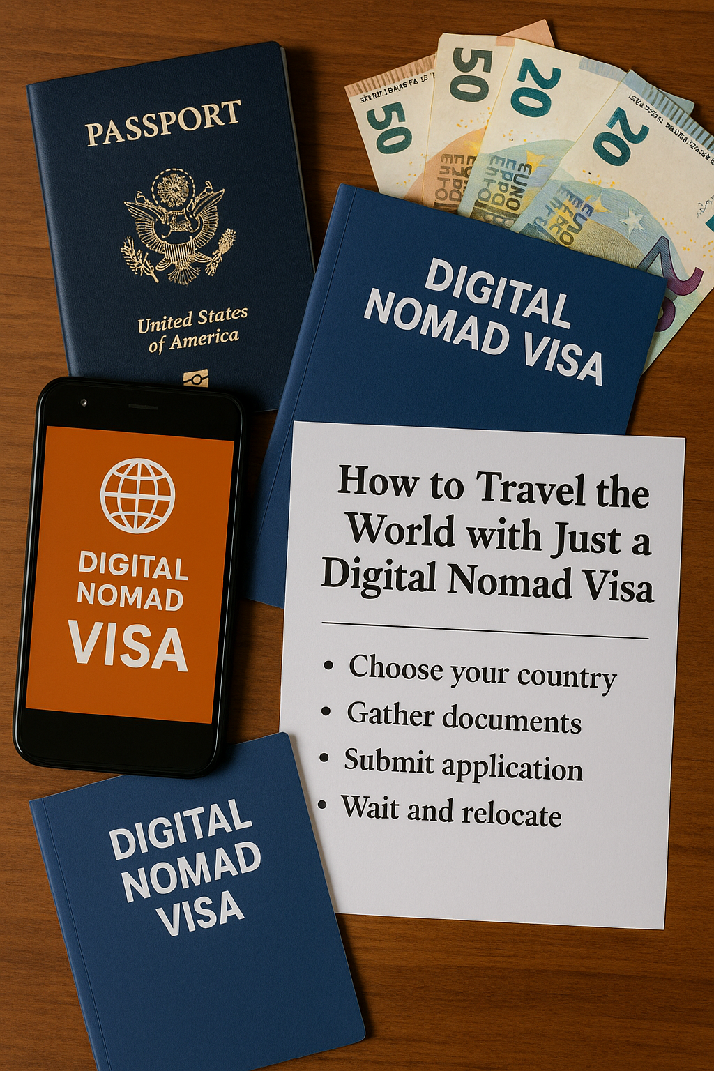A visual display of digital nomad essentials including a U.S. passport, digital nomad visa folders, euro banknotes, a smartphone showing a digital visa, and a printed checklist titled "How to Travel the World with Just a Digital Nomad Visa" on a wooden table.