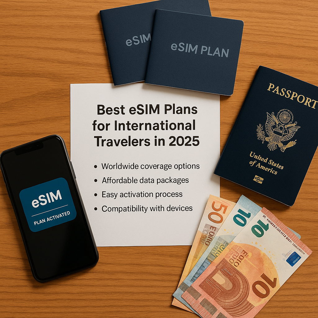 A bird's-eye view of travel essentials including a printed checklist titled "Best eSIM Plans for International Travelers in 2025", a smartphone displaying "eSIM Plan Activated", navy blue eSIM booklets, a U.S. passport, and colorful euro banknotes, all laid out on a wooden surface. Concept: A detailed and modern presentation of essential eSIM tools for global travelers, focusing on digital connectivity and mobility.