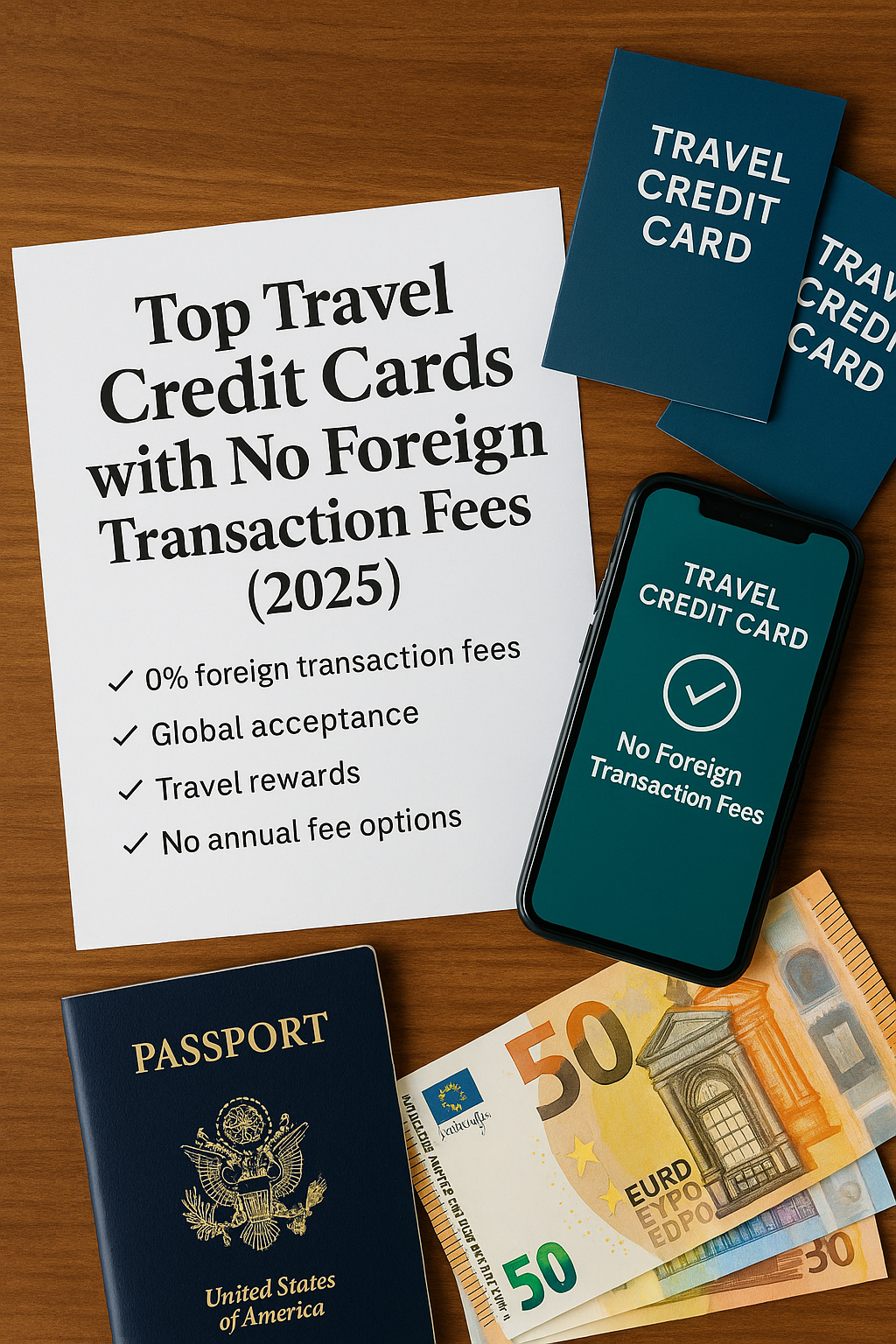 A flat-lay of travel credit-card essentials: a printed sheet titled “Top Travel Credit Cards with No Foreign Transaction Fees (2025),” a smartphone showing a travel-card approval screen, navy “Travel Credit Card” booklets, a U.S. passport, and euro banknotes on a wooden desk.