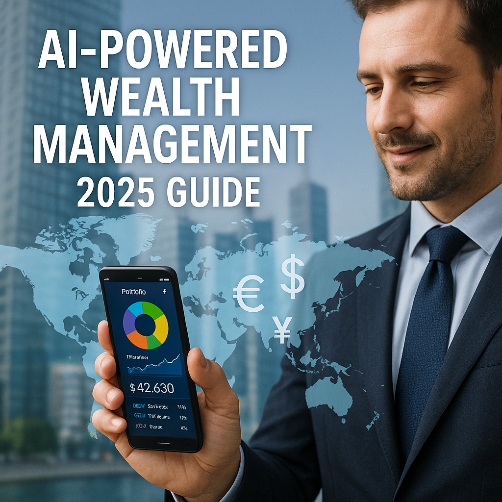 “Smartphone showing colorful AI robo-advisor dashboard in front of world map and currency symbols, business professional in background—text overlay reads ‘AI-Powered Wealth Management 2025 Guide’.”