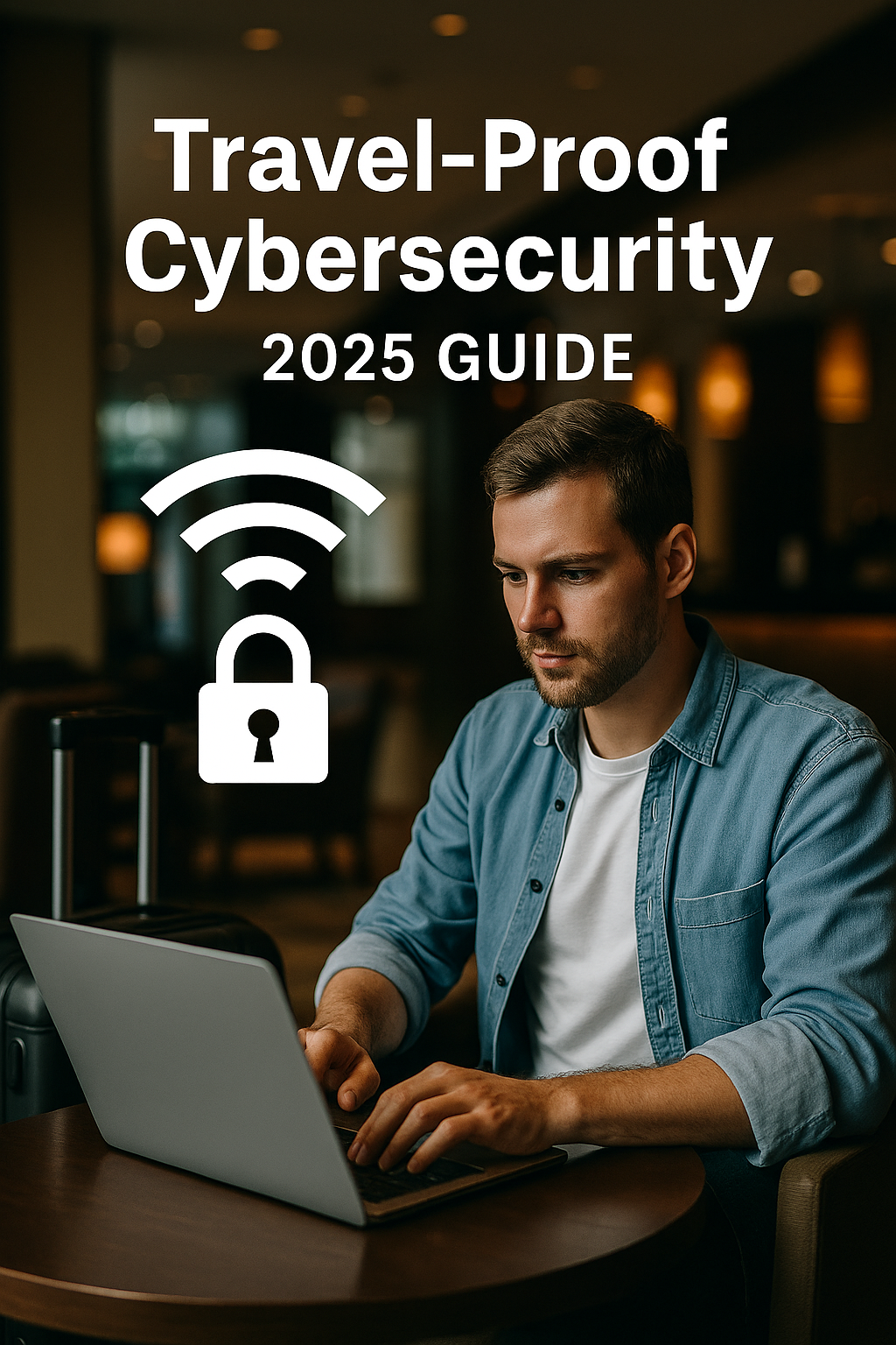 “Hotel-lobby scene: digital-nomad traveler working on a laptop; bold white headline ‘Travel-Proof Cybersecurity 2025 Guide’ with Wi-Fi and padlock icons overlayed.”