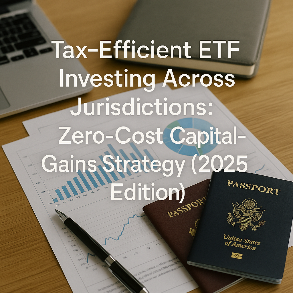 “Wooden desk with a laptop, printed ETF performance charts, and two passports; overlaid white headline reads ‘Tax-Efficient ETF Investing Across Jurisdictions: Zero-Cost Capital-Gains Strategy (2025 Edition).’”