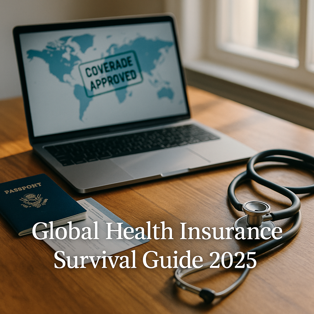 Laptop displaying a world map stamped “Coverage Approved,” next to a passport, boarding pass, and stethoscope—symbolising international health insurance for digital nomads.