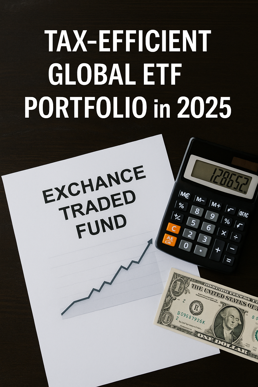 Desktop flat-lay with a document titled “Exchange Traded Fund,” upward chart, calculator and USD bill, overlaid with “Tax-Efficient Global ETF Portfolio.”
