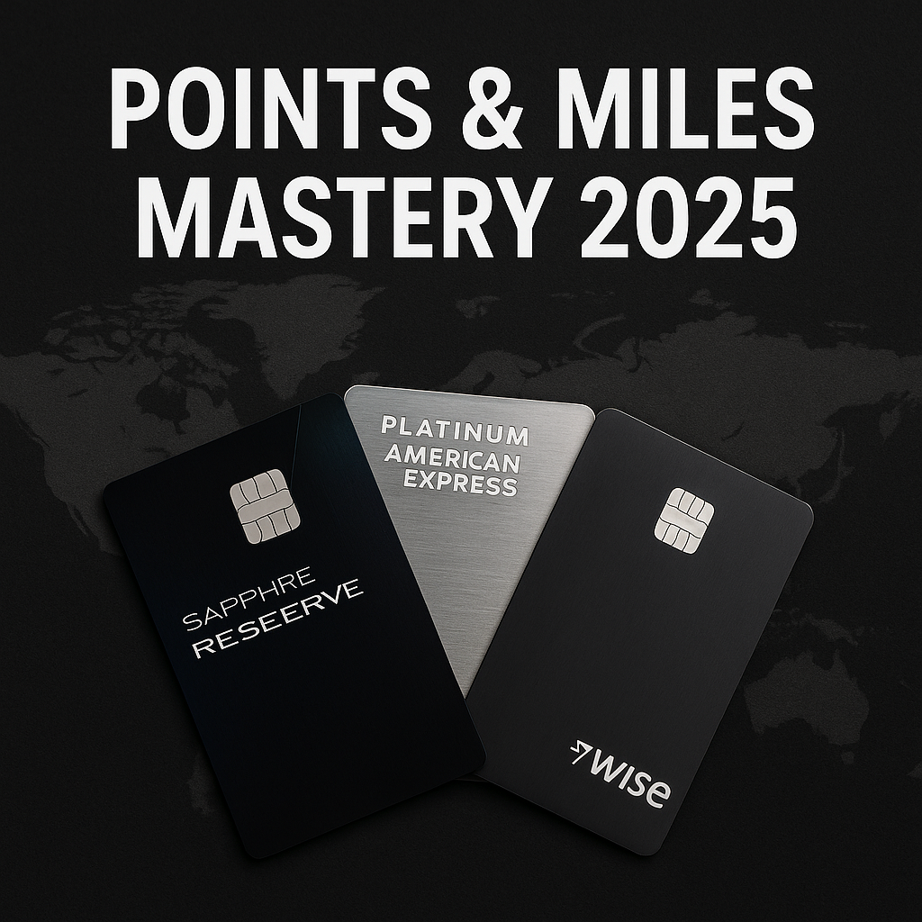 Three premium metal credit cards fanned across a dark world map with the overlaid title “Points & Miles Mastery 2025.”